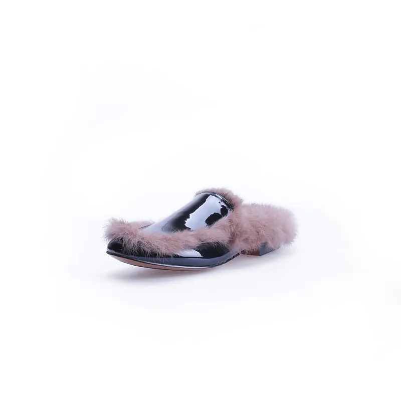 Stylesowner Super Warm Lazy Slipper Shoe Rabbit Fur Squared Toe Patent Leather Outdoor Slides Chic Flat Mules