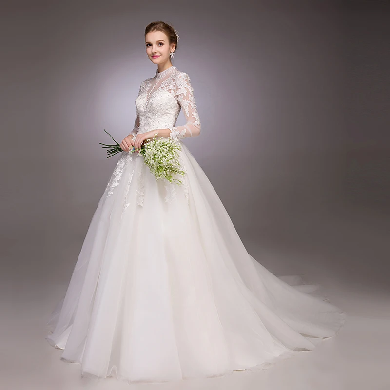 Sweep Train Covered Back China Wedding Dresses Lace Muslim