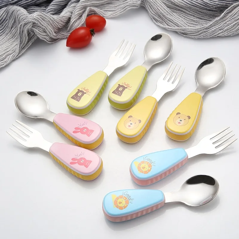 2pcs/set Cartoon Feed Baby Spoon Children Stainless Steel Spoon Fork