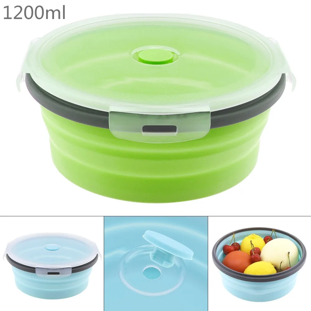 1200ML Silicone Folding Lunch Box Round Bento Lunch Box Portable Food Container Bowl For