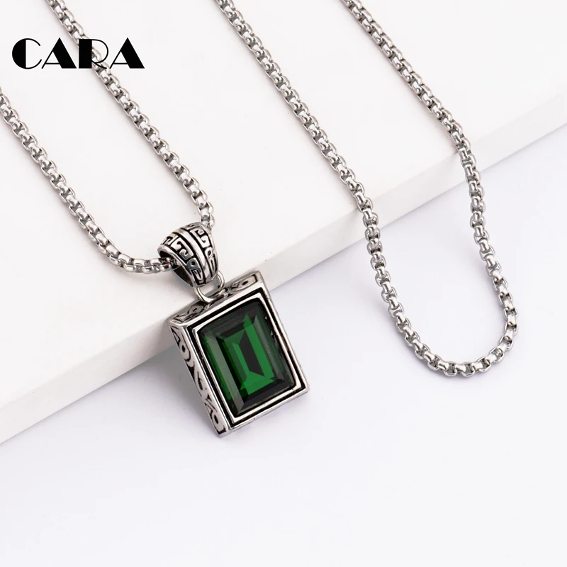 

CARA New Arrival Chic 316 stainless steel men necklace pendant Big square crystal hip hop punk necklace for men jewelry CAGF0219