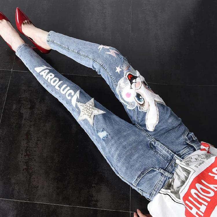 

European Jeans Women Ins Spring Autumn New Fashion Cartoon Cowboy Pearl Beaded Denim Pants All-matching Skinny Jeans Trousers