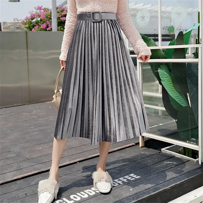 

Pleated Skirt Women Elegant OL Metallic Silver Pleated Skirts Womens High Waist Elastic Midi Skirt Woman High Waist Skirts Falda