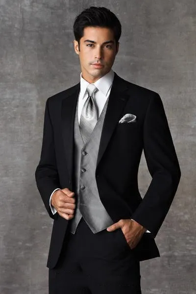 

High Quality Two Buttons Black Groom Tuxedos Notch Lapel Groomsmen Mens Wedding Dresses Prom Suits (Jacket+Pants+Vest+Tie)terno