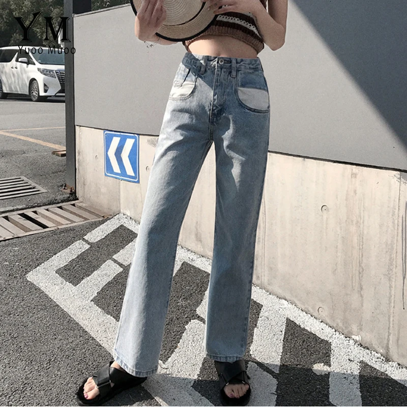 

YuooMuoo Hot Front Pockets Jeans Woman 2019 Korean Style Vintage Wide Leg High Waist Jeans Denim Mom Jeans Pants Ladies Trousers