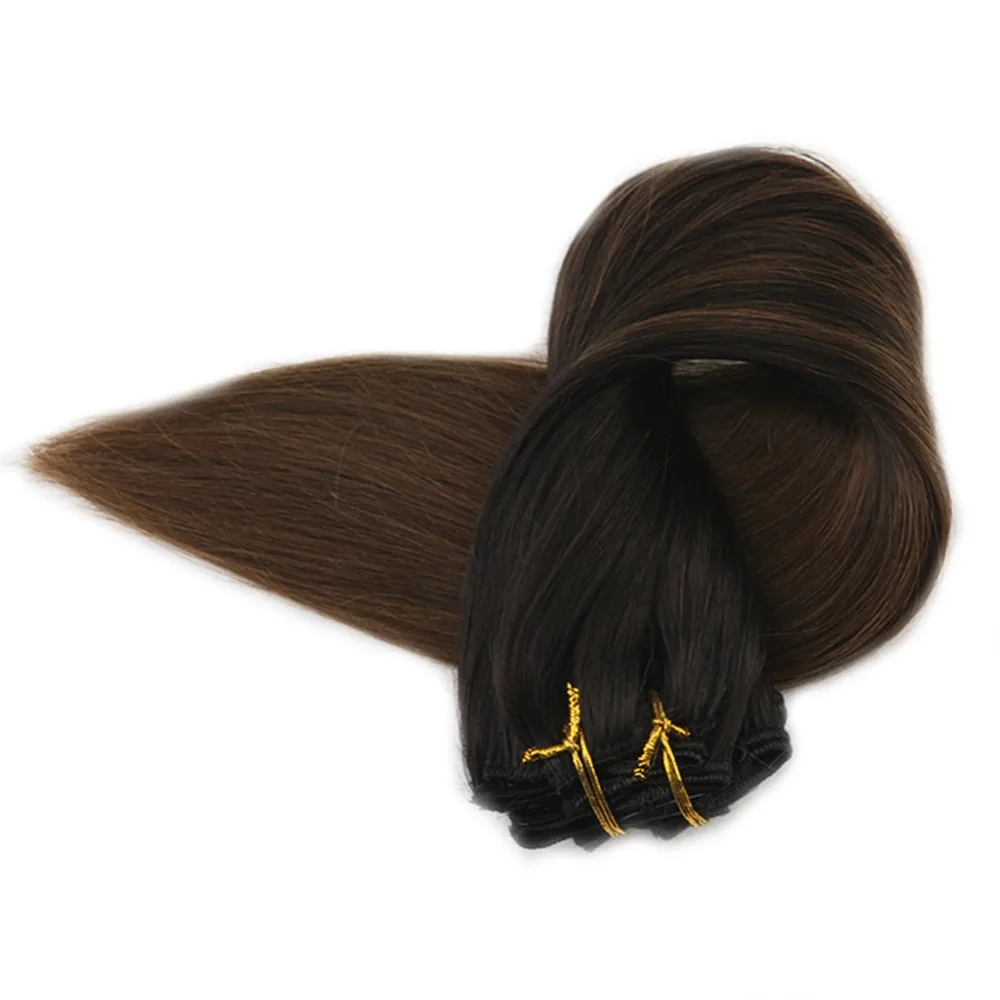 Full Shine Brazilian Clip In Hair Extensions Ombre Color 1B Fading To 4