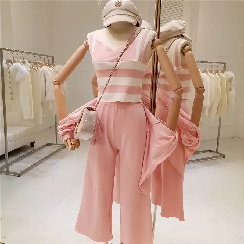 ALPHALMODA женский весенний комплект жилет в полоску на подтяжках + тонкий кардиган с
