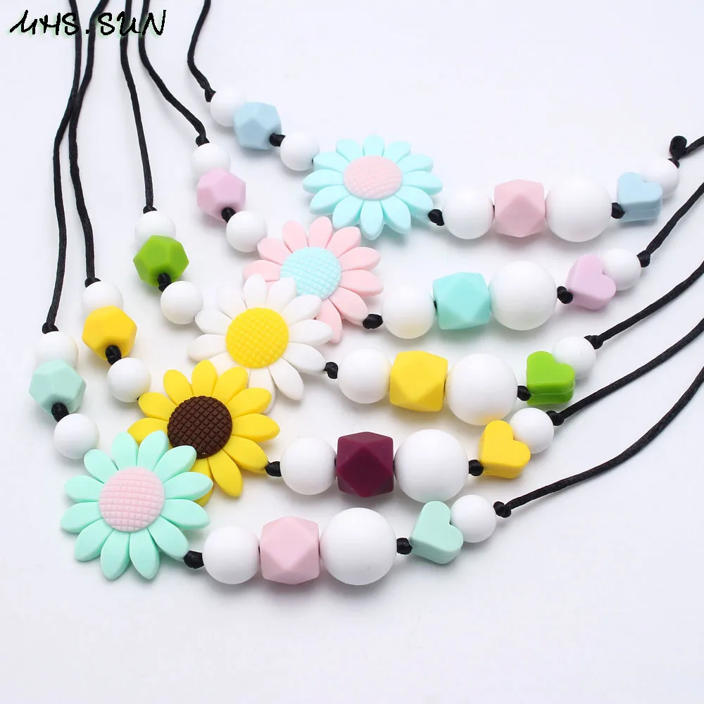 

MHS.SUN new arrival safety silicone necklace with flower beads teething teether necklace for mommy baby nursing chew jewelry 1pc