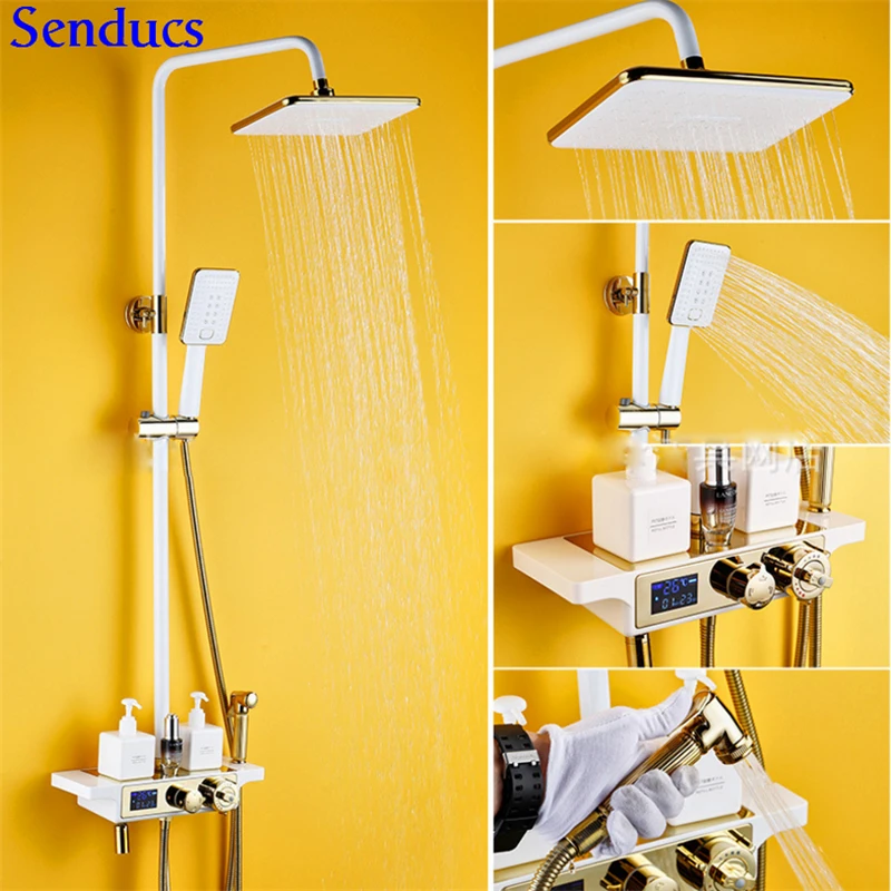 SenducsWhiteGoldDigitalShowerSetGoldenBathroomBidetEuropern