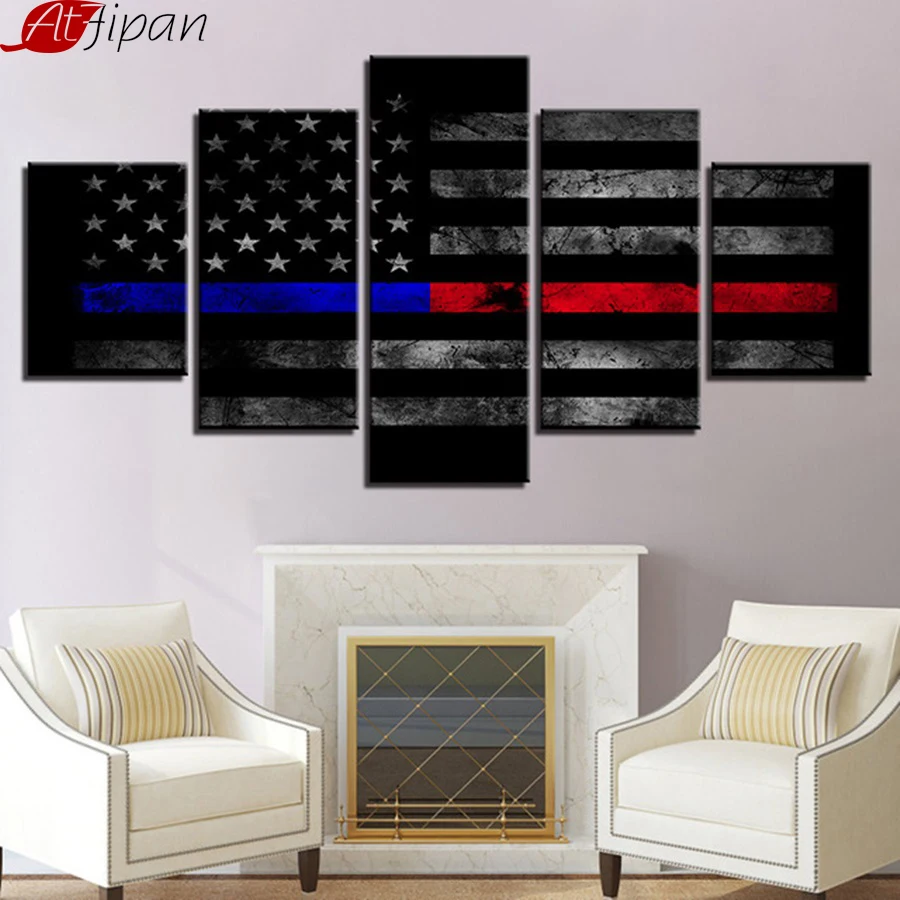 

AtFipan Modern Wall Art Frame Canvas HD Print Painting American Flag Modular Home Decor Picture 5 Panel Soldier Landscape Poster