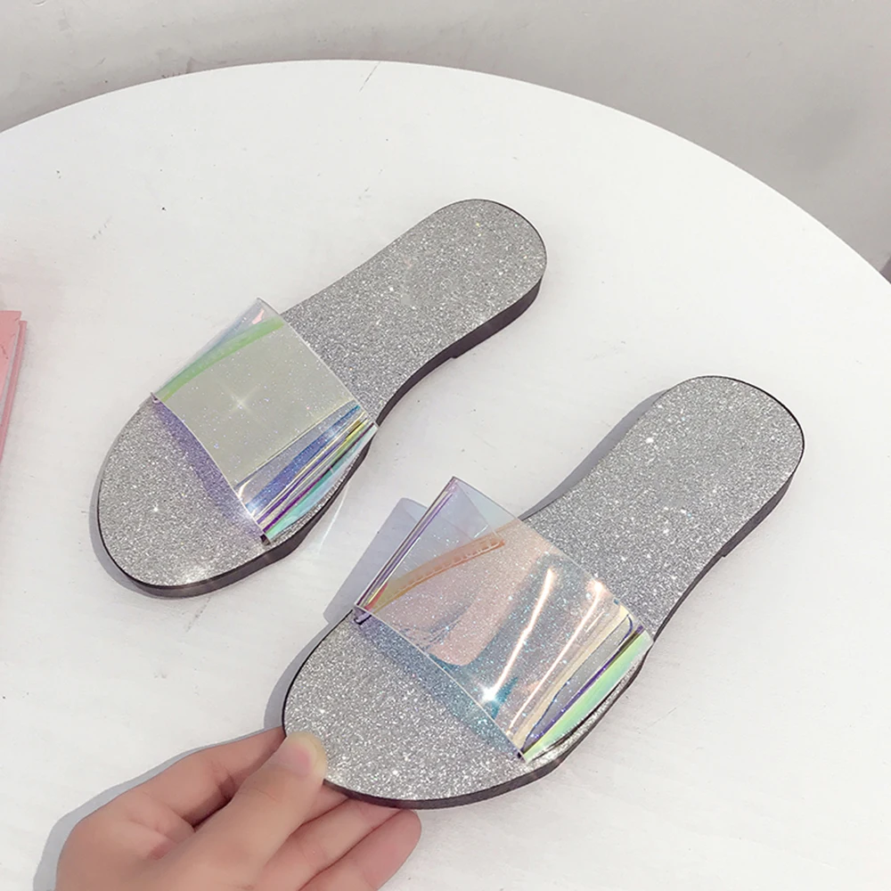 

Women Sandals 2019 Summer Hot Sale Fashion Laser Light Crystal Women Slides Sandals Flat Slip On Outdoor Street Female Sandals