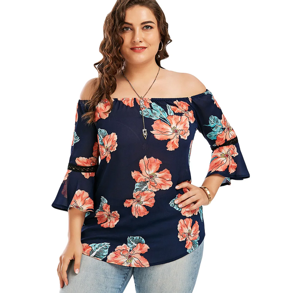 2019 plus size chiffon off the shoulder floral hawaiian blouse