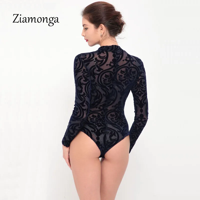 Ziamonga See Through Sexy Bodysuit Women Rompers Bodycon Jumpsuit Transparent Bodysuits Women Long Sleeve Mesh Bodysuit C2915