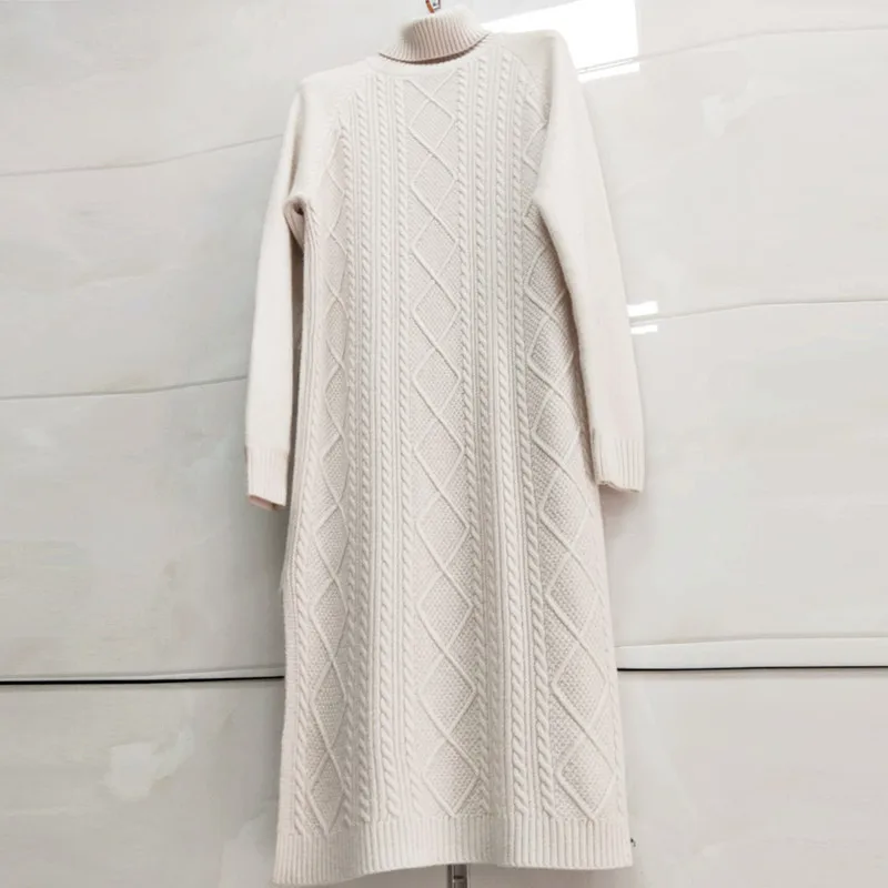 Ceny Jesienno zimowy długi sweter z dzianiny kobiet pulower z golfem Plus rozmiar luźny, gruby ciepła dzianina sweter moda damska sweter
