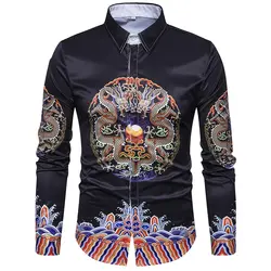 Черный Цвет Новая мужская повседневная рубашка 3D стерео дракон халат печати Ретро симметричные мужчин Модная одежда с длинными рукавами
