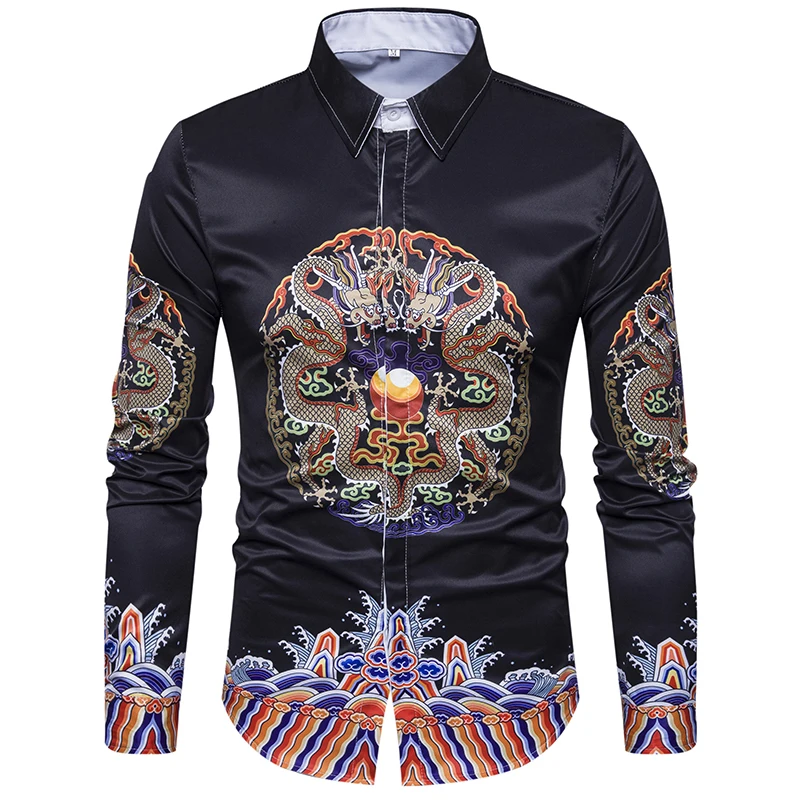 

Black color New men's casual shirt 3D stereo dragon robe printing Retro Symmetric men fashion long sleeved Shirt dress S-XXXL