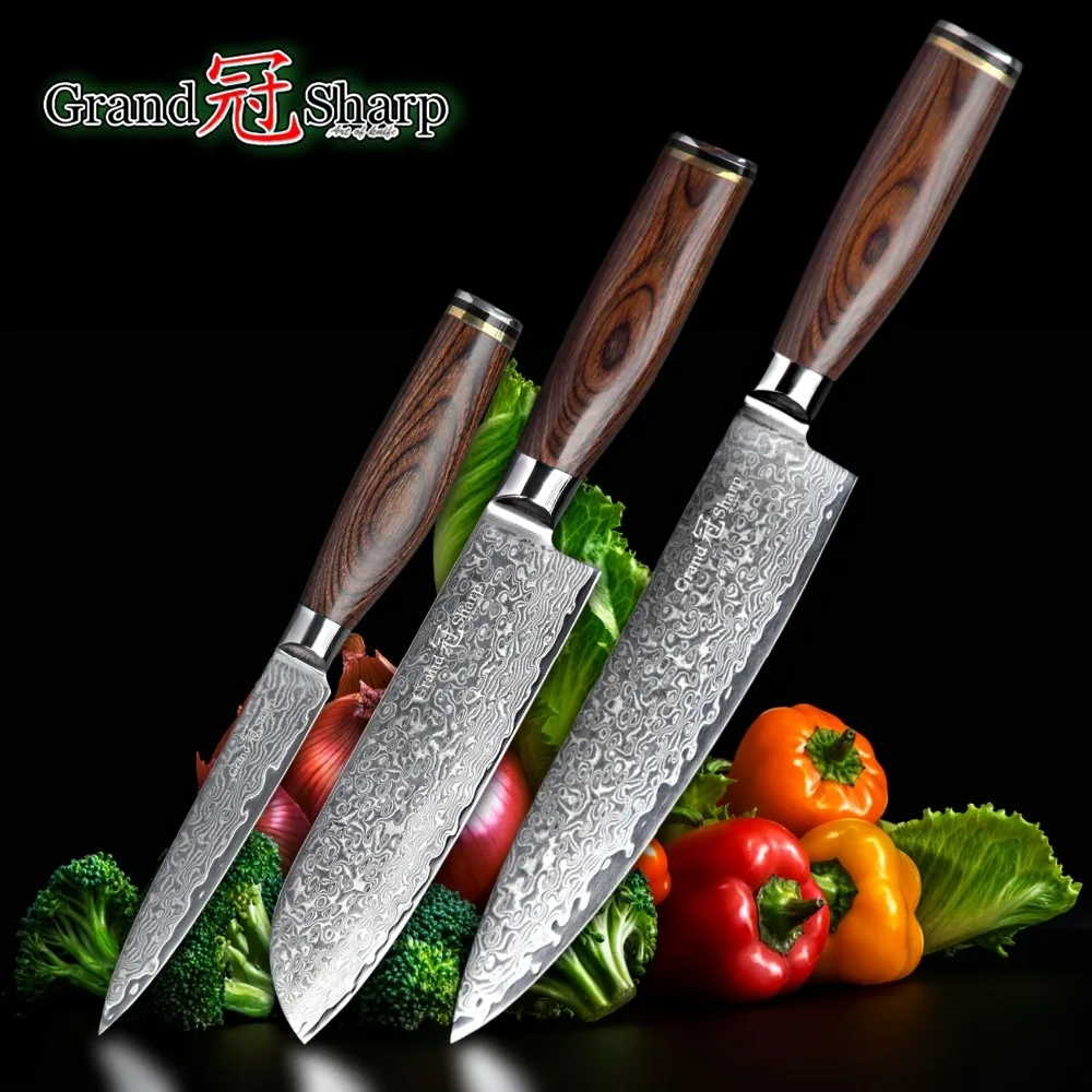 

GRANDSHARP 3pcs Damascus Knife Set 67 Layers Japanese Damascus Steel vg10 Chef Santoku Utility Kitchen Knives FREE GIFT