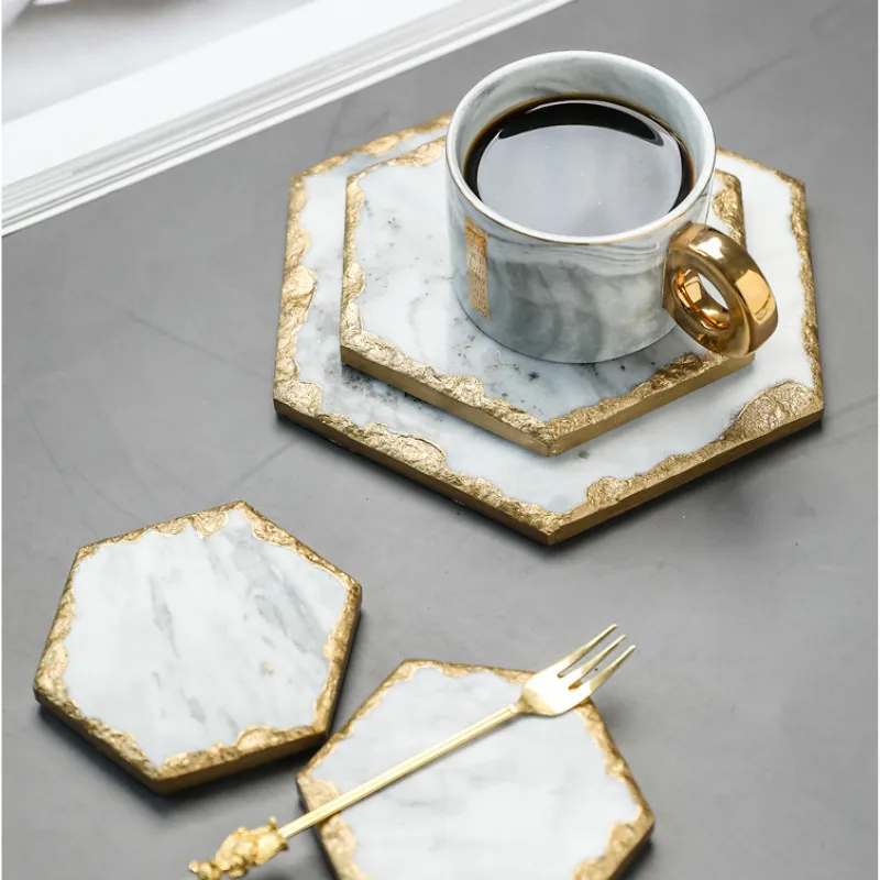 DUNXDECO подставка для кофейной чашки тарелка настольная подставка для фотосъемки наземный коврик Современная мраморная Шестигранная Золотая граница стол художественные аксессуары