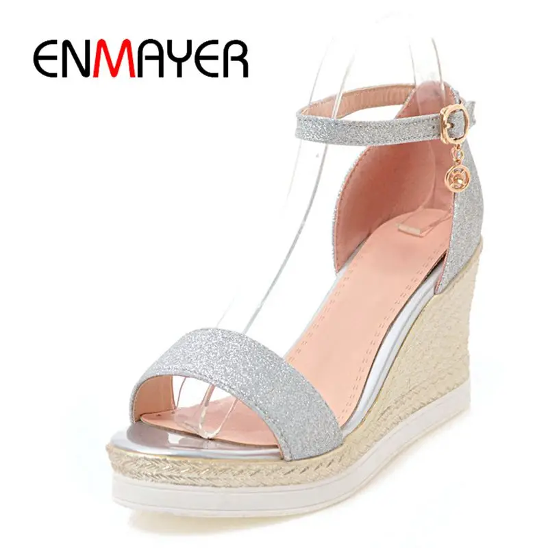 

ENMAYER Women High Heel Sandals Peep Toe Platform Ankle Strap Fretwork Wedegs Shoes Women Summer Office Sandals Size 34-42ZYL021