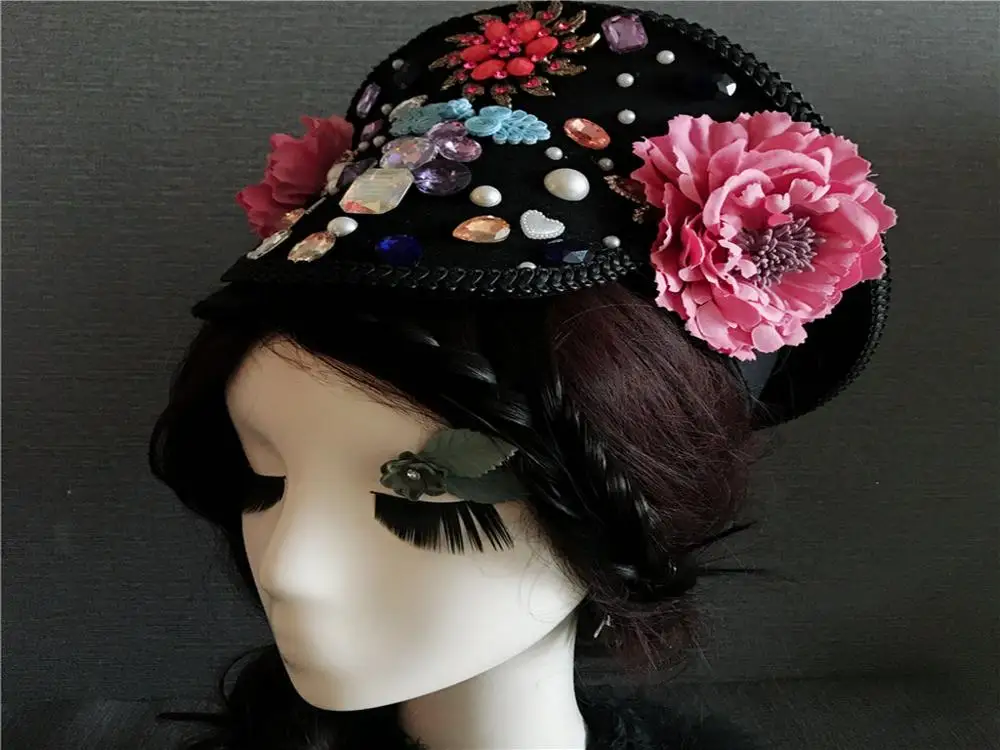 Женский головной убор для косплея, цветок, стразы, жемчуг, бусина, головной убор, Китайская национальная старинная шапка-скафандр, свадебная голова, аксессуары для волос - Цвет: Handmade Headwear