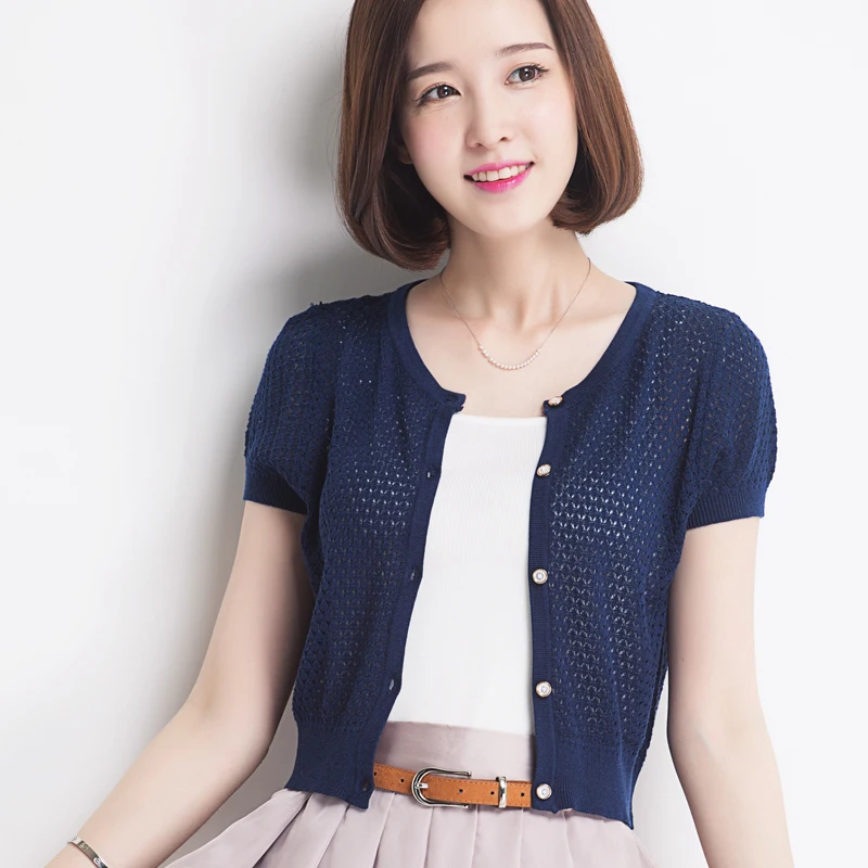 

2016 New Natural Silk Knit Cardigan Sweater Women Short-Sleeve Air Conditioning Sunscreen Shawl Waistcoat Jacket Openwork