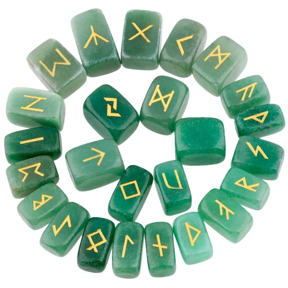 SUNYIK 1Lot (24Pc) Natural Green Aventurine Engraved Rune Stones Set Healing Reiki Crystal Tumbled Stones Jewelry Packaging
