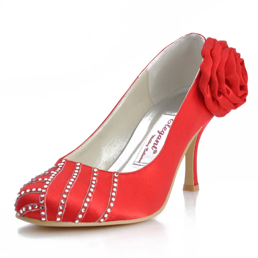 ФОТО Red Sexy Heels EP41006 Round Toe Handmade Flower Platform Rhinestone Satin High Heel Woman Prom Shoes