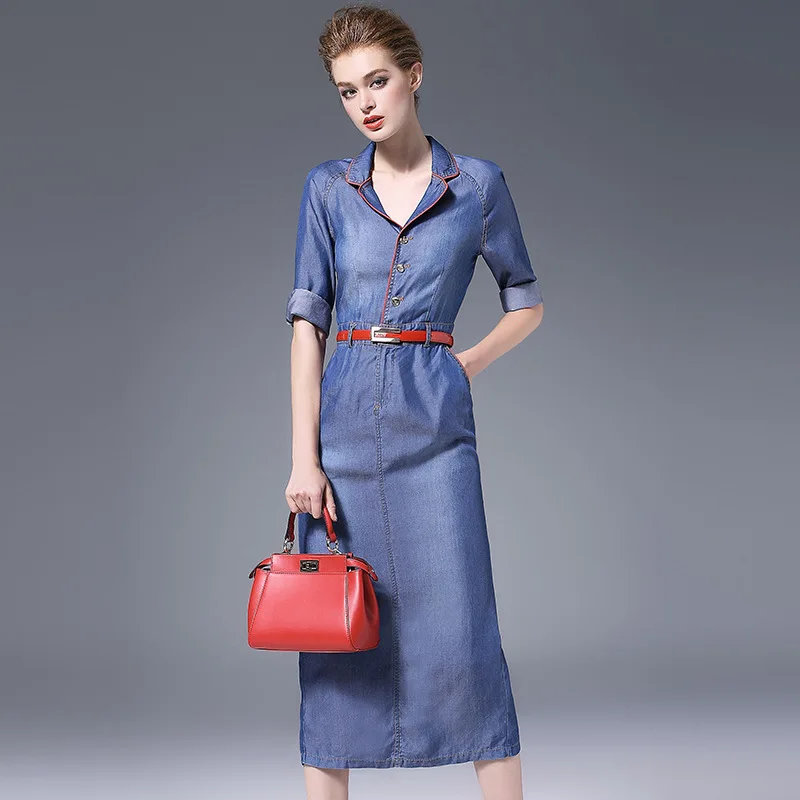 

Autumn denim dress red edging denim dress half-sleeved belt waist slit longuette dress breathable and cozy dress NW16C6238