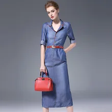 Autumn denim dress red edging denim dress half-sleeved belt waist slit longuette dress breathable and cozy dress NW16C6238 button front denim slit dress