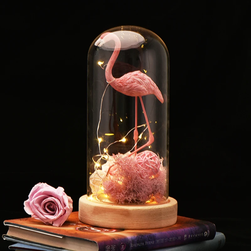 Дропшиппинг светодиодный светильник с подсветкой Розовый фламинго вечная роза Искусственные цветы в стеклянном куполе ночные светильники Настольная лампа подарок для девочек