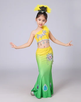 

Children Dai Dance Costume Girl Sequined Fishtail Skirt with Headress Chinese Folk Dance Costume for Girl Chinese Costume