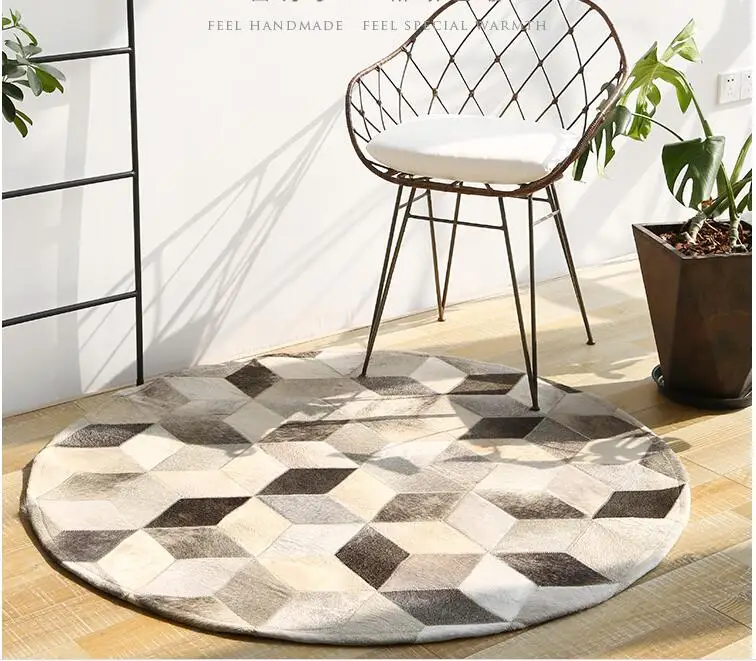 

Round shaped natural cowhide seamed rug 150 cm genuine cows skin fur carpet for living room bedroom decoration American style