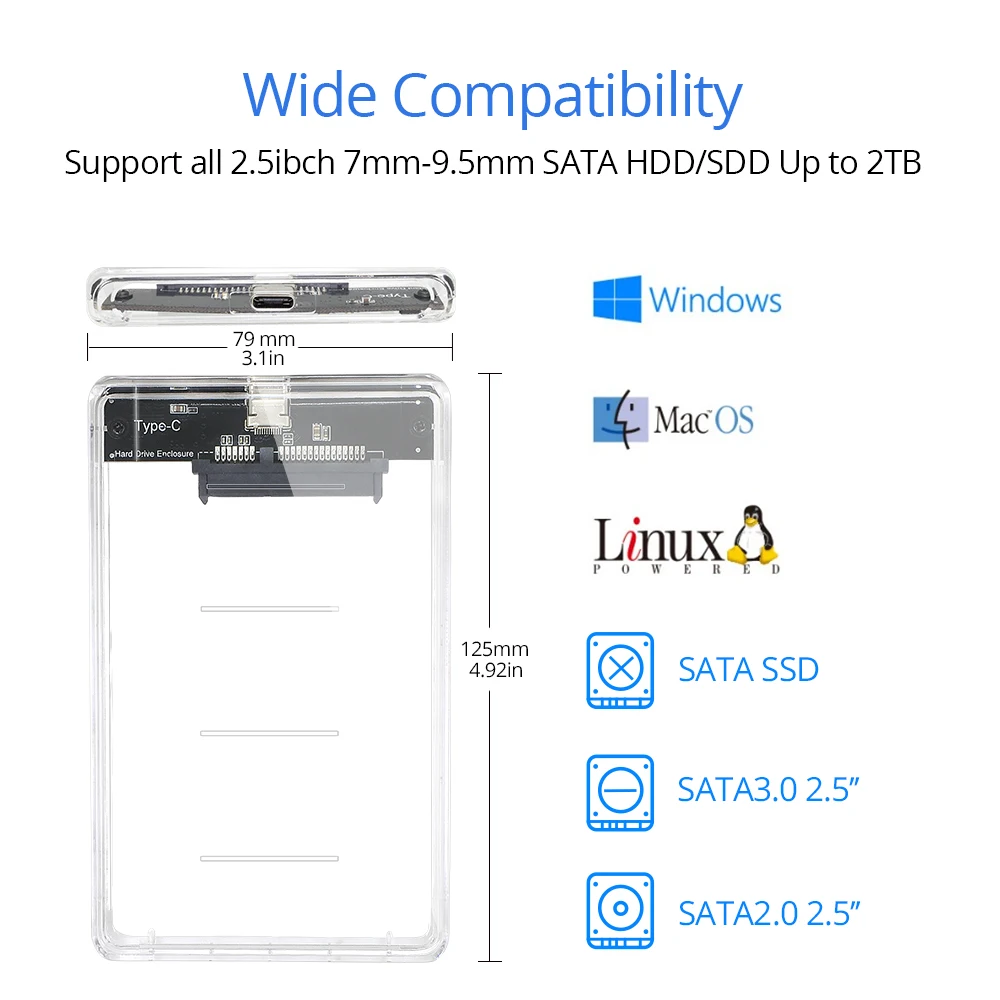 TISHRIC новейший прозрачный USB3.0 type-C SSD Чехол-адаптер DVD HDD Sata Caddy Optibay 9,5 мм 2,5 дюймов корпус жесткого диска