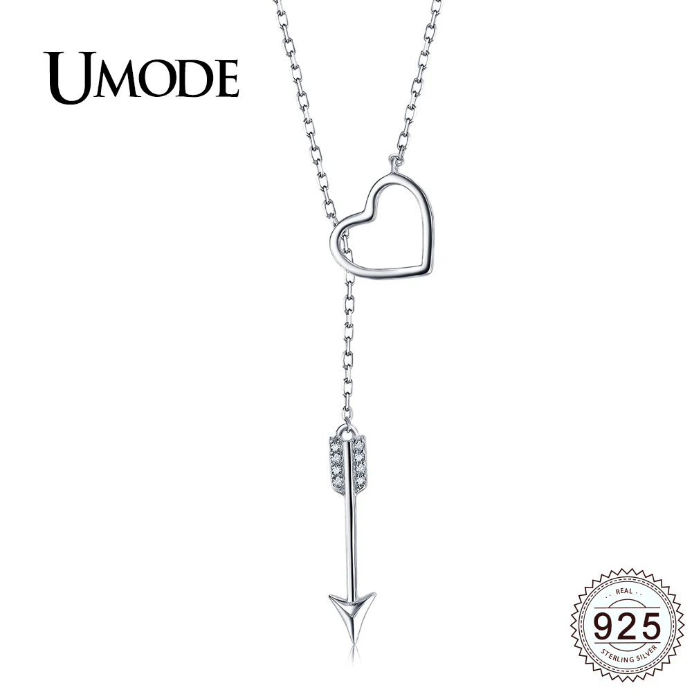 

UMODE New Charm 925 Sterling Silver Chain Y Heart and Arrow Necklace Women CZ Ctrystal Silver 925 Jewelry Colar Feminino ALN0234