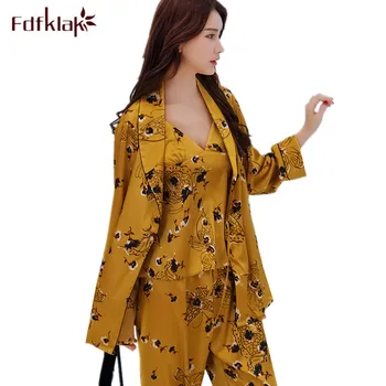 

Fdfklak Two pieces set women pajamas long sleeve silk pyjamas sets sexy printing women's sleepwear pyjama pijamas femeninos