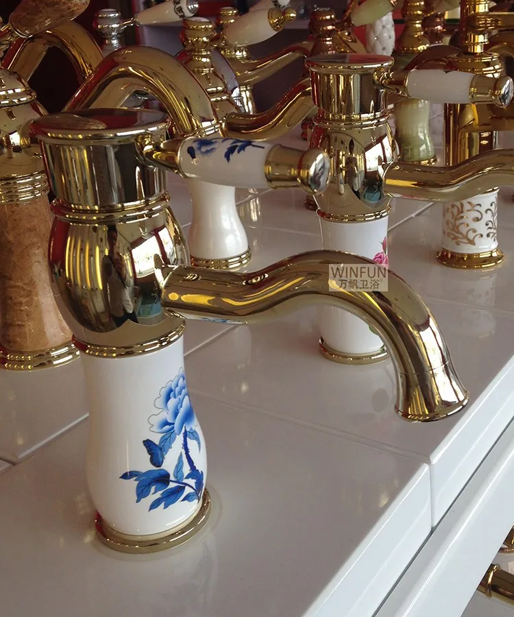 Золотой кран Новая мода латунь ванная раковина смесители одной ручкой с керамическим корпусом и ручкой Смеситель Torneira Banheiro Q-14