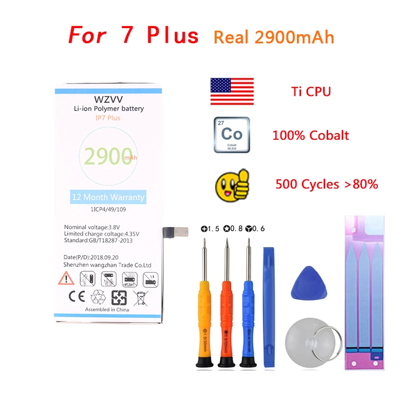 

wzvv 100% Original Battery For iphone 7 Plus Real Capacity 2900mAh work with IOS 11.4/ With Repair Tools Kit And Battery Sticker