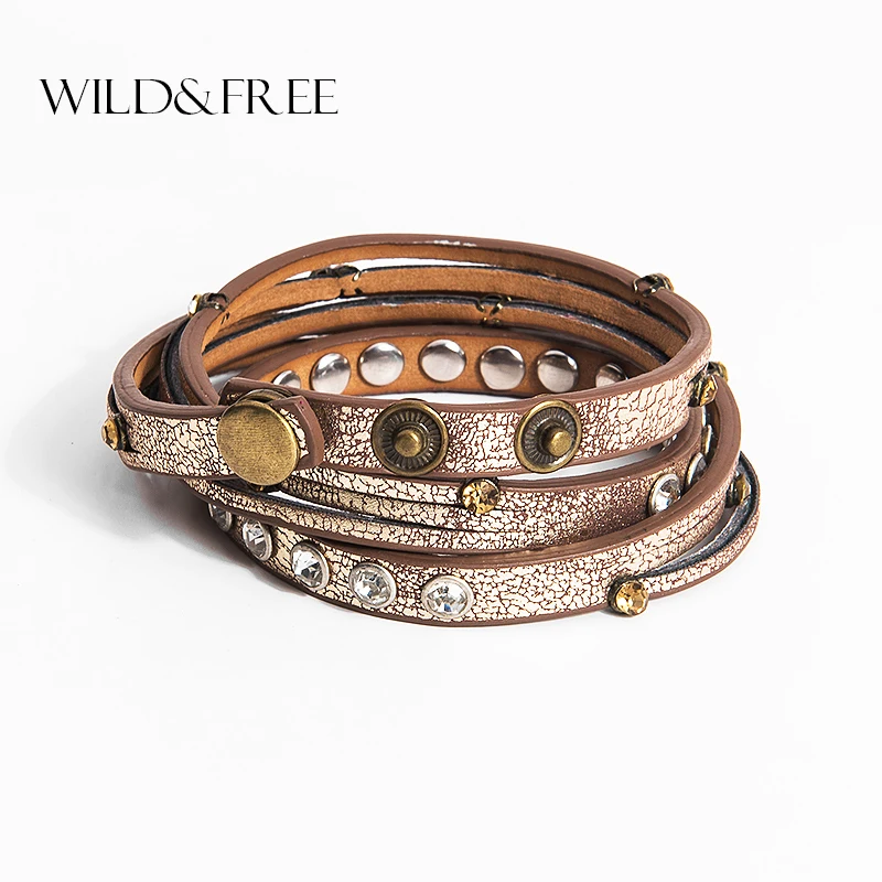 Многослойные Кожаные Браслеты Wild & Free для женщин и мужчин винтажные коричневые