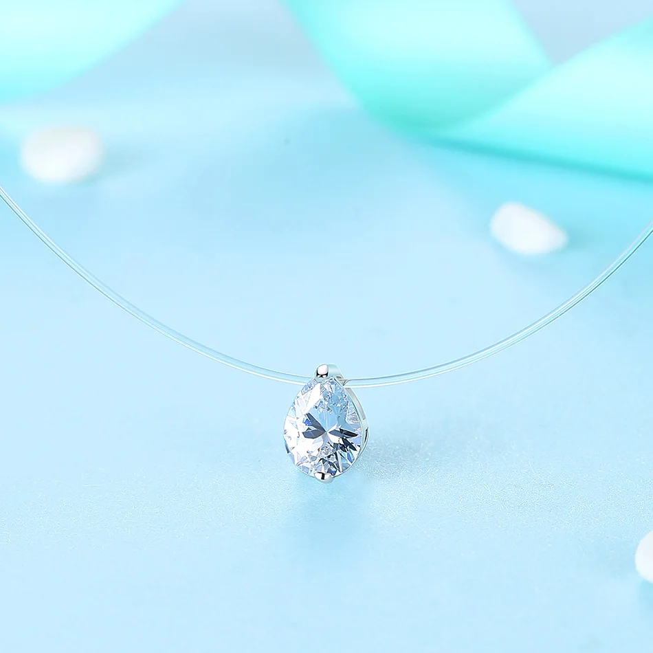 ELESHE 925 Sterling Silver Necklace& Pendant Transparent Water Drop Crystal Raindrop Choker Necklaces for Women Wedding Jewelry