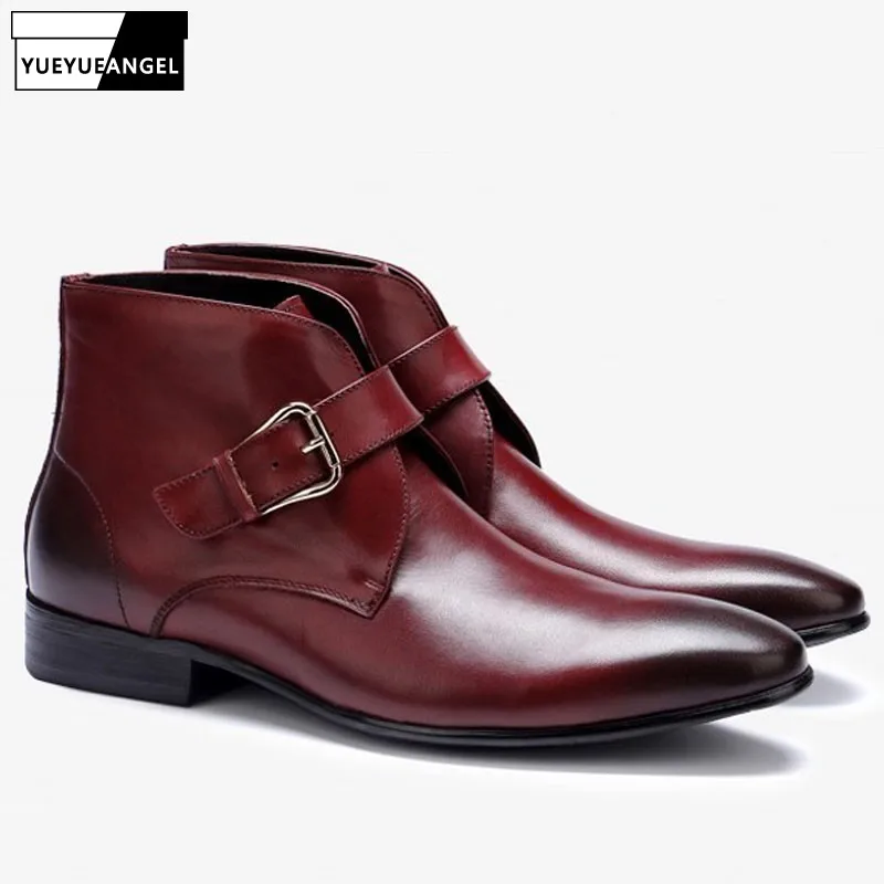 

2019 New High Top Cow Genuine Leather Mens Ankle Boots Buckle Slip On Pointed Toe Business Work Dress Shoes Punk Boots