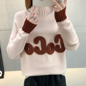 

Fashion Autumn Pullover Women Sweater New Loose Winter tops Half Turtleneck Color Matching Letter knitted Sweater Women jumpers
