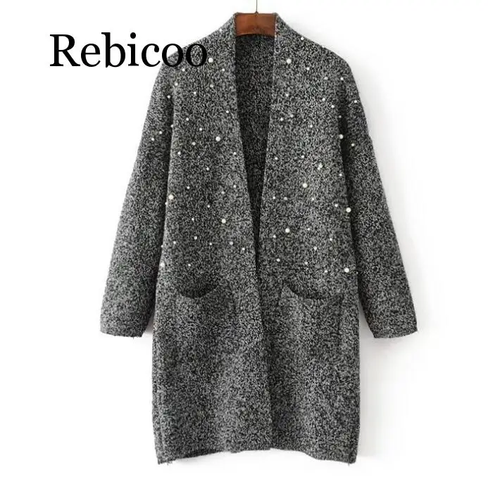 

2019 Women New Arrival Pearl Beading Long Cardigans Mohair Soft Warm Winter Knit Sweaters