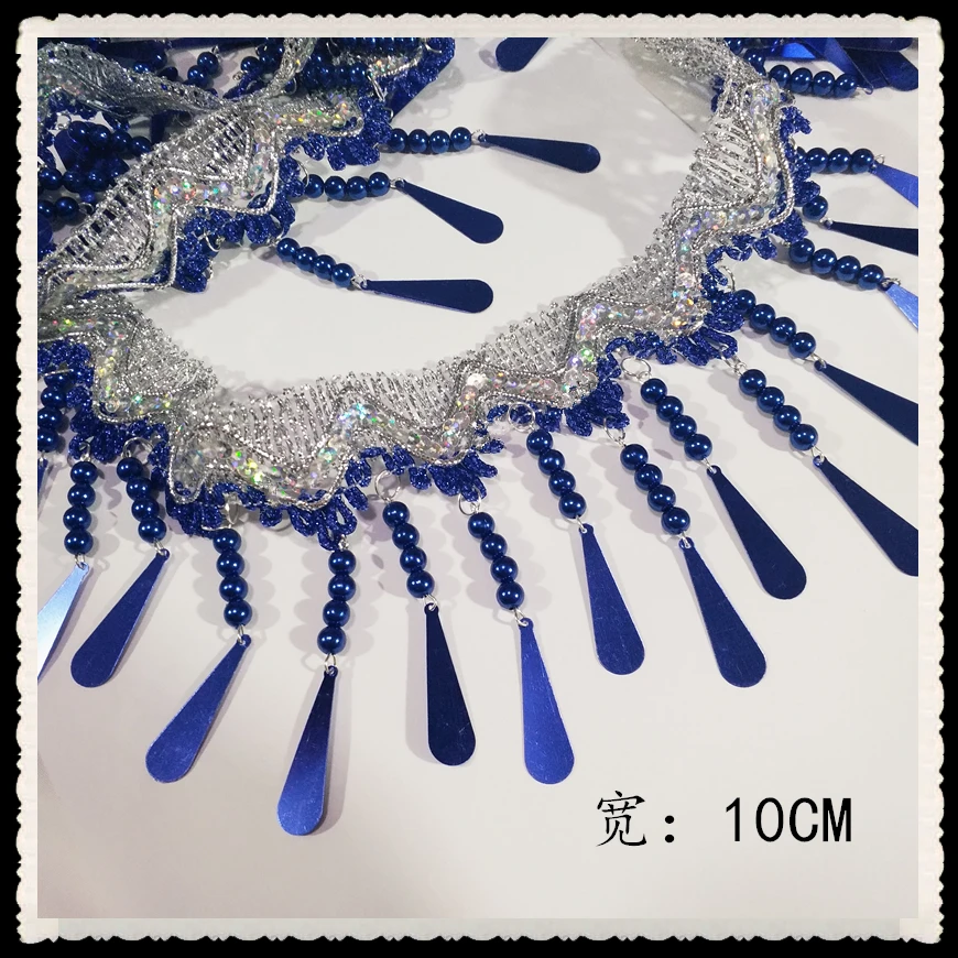 

3yards/lot Blue Beaded hanging Waves Tassel Fringe Lace Ribbon For Stage Dress Clothing Sequin Lace Trim Garment Accessories