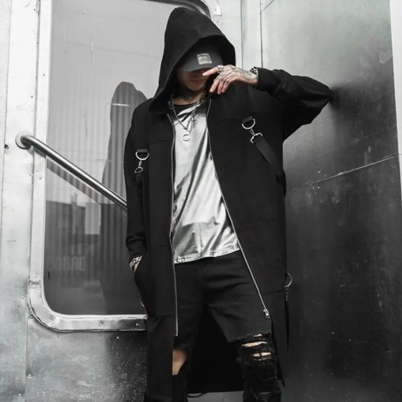Nightclub DJ singer punk rock hooded trench coat ribbons long jacket stage costume men vintage zipper cloak gothic style cape