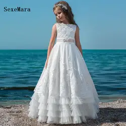 Высокое качество, платье с цветочным узором для девочек на свадьбу, с поясом, бисером, аппликацией, молнией сзади, белое Тюлевое платье