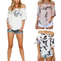 2018 Новое поступление Для женщин летняя рубашка с открытыми плечами с цветочным принтом блузки короткий рукав Повседневное пляжная блузка