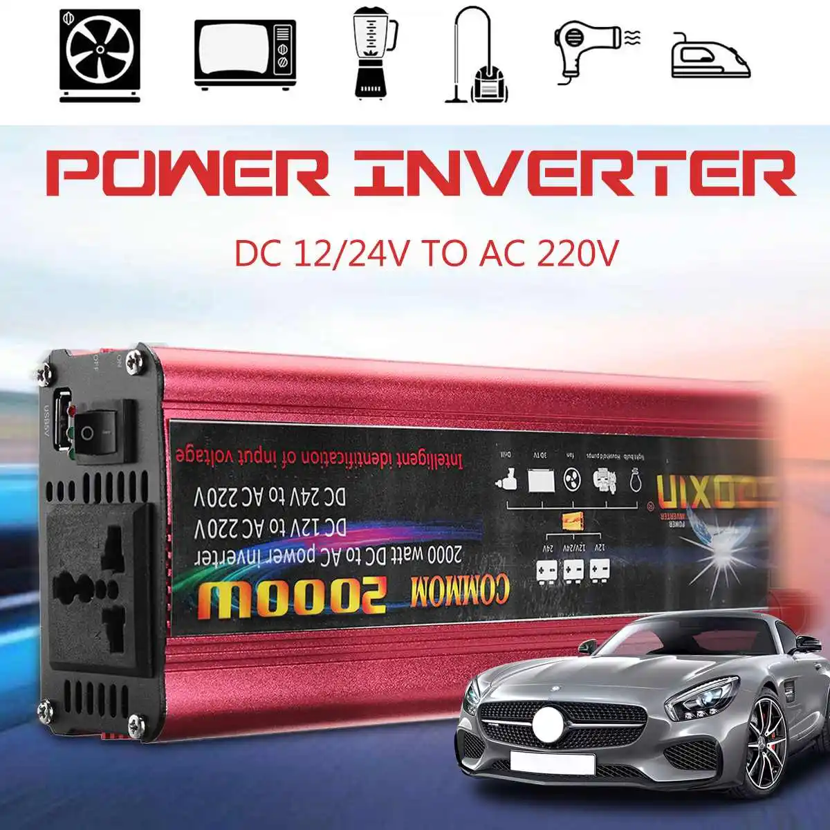 

DOXIN Power Inverter 2000W Modified Sine Wave Converter DC 12V/24V To AC 220V USB Plug Port Portable Car Home Power Inverter