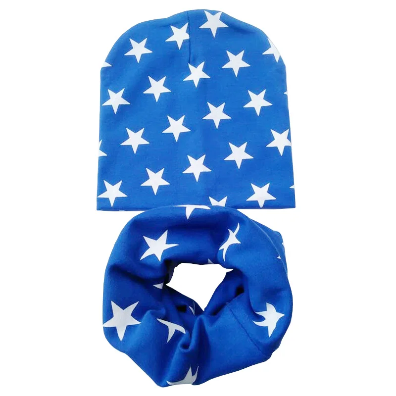 Blue star set Новая осенне-зимняя детская шапка, комплект для мальчиков и девочек, шарф на шею, весенний теплый шейный платок, детские вязаные шапки, комплекты, хлопковая детская шапка, шарф - Цвет: Blue star set