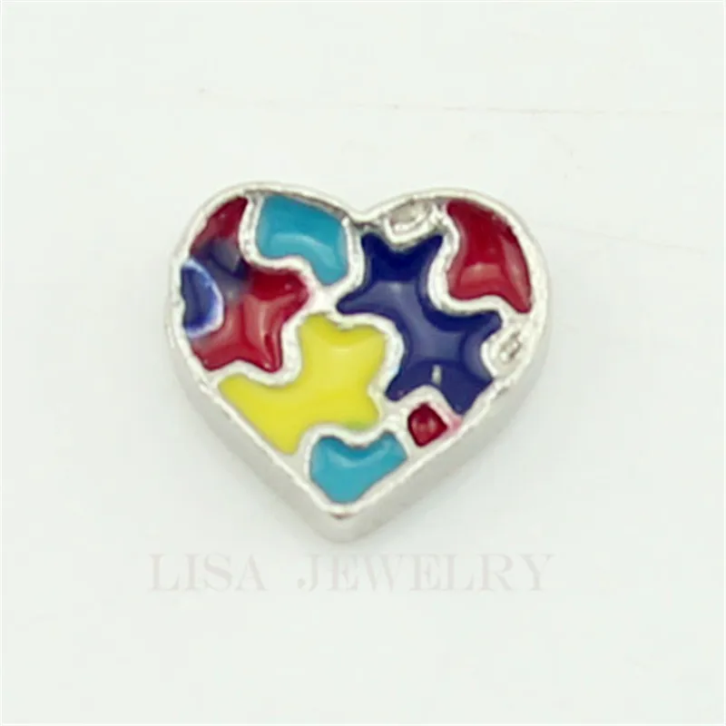 

AUTISM AWARENESS Puzzle Piece Heart Floating Charms for Memory Lockets, enamel, silver tone metal