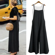 Plus Size New Women Cotton Linen Pockets Long Wide Leg Romper Strappy Dungaree Bib Overalls Casual Loose Solid Jumpsuit Trousers